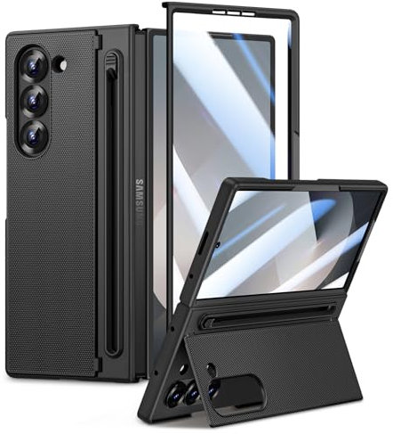 Doeshine für Samsung Galaxy Z Fold 6 Hülle, Handyhülle mit Versteckter Ständer, S Pen Stifthalter (Kein Stift), Displayschutzfolie, Slim Stoßfest Phone Schutzhülle für Z Fold 6 (Schwarz)