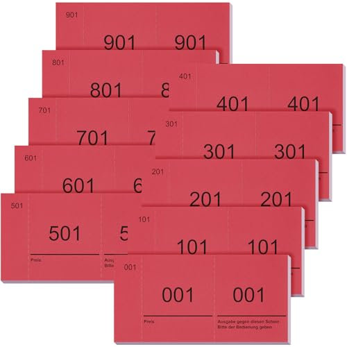 Nezyo Doppelnummern Blöcke 1-1000 Nummernblöcke Lose Nummeriert Garderobenmarken Großpackung Zahlenblöcke für Garderobe Events Party Messen, 10 x 5 cm(Rot)