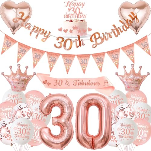Xietaea Deko 30. Geburtstag Frau Rosegold - 30. Geburtstagsdeko Luftballons Happy Birthday Girlande Tortendeko, XXL Zahlenballon und Schärpe für 30 Jahre Geburtstagsparty