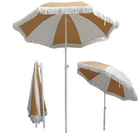 IMUNKT 2M Ombrellone da Giardino con Frange Lusso, Ombrellone Terrazze Portatile Inclinabile, Ombrellone da Spiaggia Protezione UV, per Balcone Mare Esterni, Marrone E Bianco