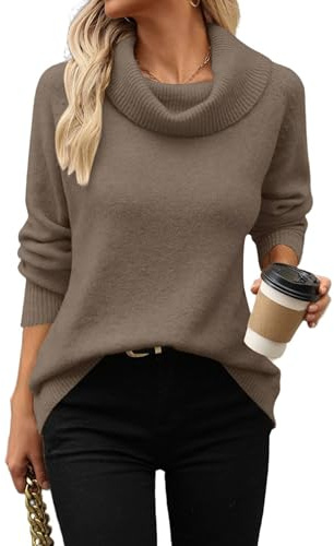 Hotouch Damen Strickpullover Elegant Stehkragen Pullover Herbst Winter Grobstrickpullover Dicker Feinstrickpullover Khaki S