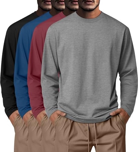 Neer 4 Pacchi di Magliette per Uomini Grandi e Alti, Top Base Casual a Collo Rotondo a Maniche Lunghe in 95% Cotone