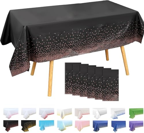 Lot de 6 Nappes Plastiques à Pois Fond Noir avec Pois Rose Gold 137x274 cm – Nappe Rectangulaire Réutilisable pour Fête Anniversaire, Décoration Table Événement Sportif, Imperméable Anti-taches
