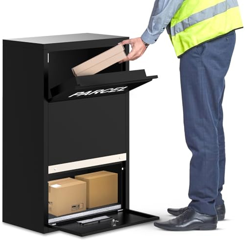 BELOFAY Wall/Floor-Mounted Parcel Box Outdoor, Lockable Steel Delivery Box for Parcels with Flip Lid & Secure Front Door Access, Black, Small Size for Frequent Internet Deliveries