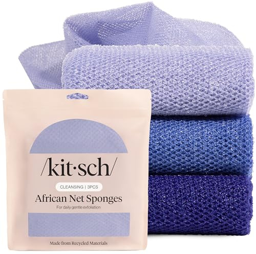 Kitsch African Net Sponge – Exfoliating Body Scrubber for Cleansing & Gentle Daily Exfoliation – Stretchable Bath Sponge for Hard-to-Reach Areas, Long-Lasting Shower Essential - Ocean Blue, 3 Pcs