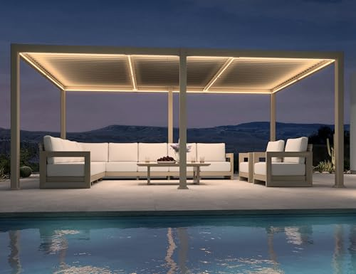 PURPLE LEAF Pergola Bioclimatique Alu 3,5 x 5,5 m avec Bande LED Champagne