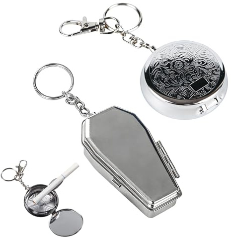 PLUSHCEWT 2 Packs Portable Ashtray Keychain, Metal Pocket Ashtray with Lid, Leak-Proof Silver Cigarette Ash Tray, for Outdoor Camping Hiking Travel Garden Bar Car (Peony & Violin Case Design)