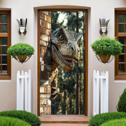 Vert Sticker de Porte 83x204cm Dinosaures d'anime Poster Porte Trompe L'oeil Auto-Adhésif PVC Papier Peint Imperméable Amovible DIY Murales Chambre Salon Cuisine Decor