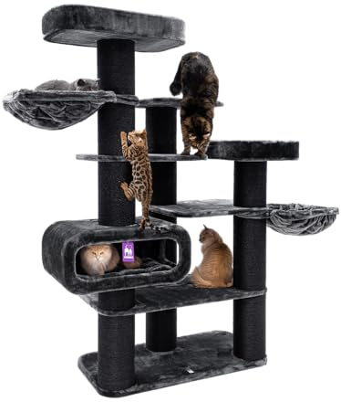 Petrebels Kratzbaum XXL Bengal 199 cm hoch, Design Maine Coon Kratzbaum für große Katzen, Farbe Schwarz