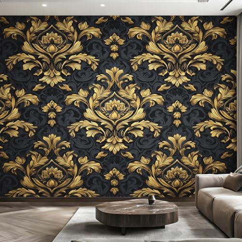 Generisch Fototapete Schwarz Gold Barock Wohnzimmer Tapete Vintage Damast Tapeten, Vliestapete Schlafzimmer Motivtapeten, Wandtapete Wanddeko 200 x 140 cm (B x H) Y&W64