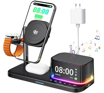 7-in-1 kabelloses Ladegerät, Bluetooth-Lautsprecher mit Wecker, Qi 2.2 25W Handy-Schnellladung, Stimmungslicht, passend für die gesamte iPhone 17 16 15 Pro Max-Serie, Kopfhörer, Samsung & Apple Watch