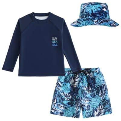 FishingDino UV Kleidung Kinder Gr.74-110, Jungen Schwimmset 3-teiliger mit Langarm Schwimmshirt & Badeshorts UV Schutzkleidung Baby inkl. Sonnenhut