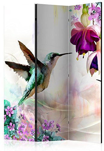murando - Paravent intérieur unilatéral 135x172 cm - Séparateur de pièce en Bois Naturel avec Toile imprimée d'un côté, pour Chambre à Coucher - Fleurs colorées été Nature Oiseaux b-C-0188-z-b