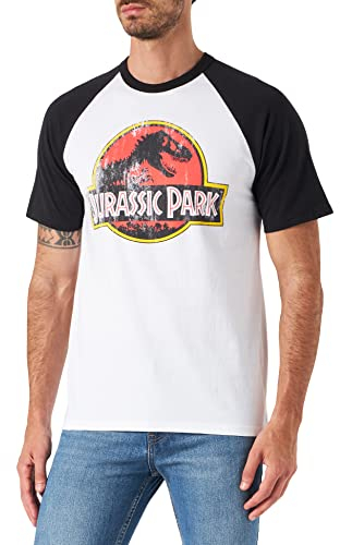 Jurassic Park Mens Distressed Logo T Shirt, White (White/Black Wbl), S UK