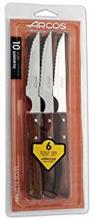 Arcos Serie Cuchillos de Mesa - Caja 6 Juegos 6 Cuchillos Chuleteros - Hoja Serrada de Acero Inoxidable NITRUM de 110 mm - Mango Madera comprimida Color marrón (6x6 UDS)