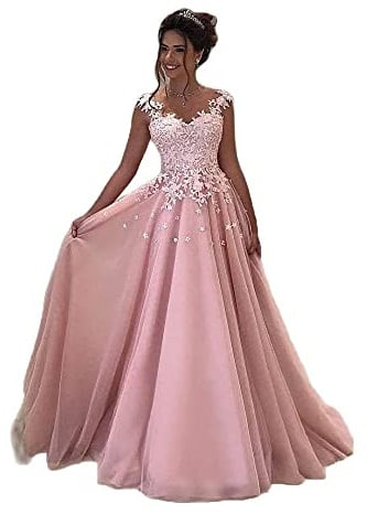 Beyonddress Damen Tulle Abendkleider Lang Hochzeit Spitze Prinzessin Ärmellos Brautkleid Ballkleider(Erröten,42)
