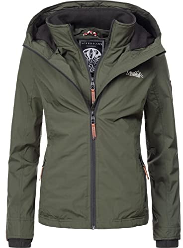 MARIKOO leicht gefütterte Damen Übergangsjacke Kurze Sommerjacke mit kuscheligem Fleece-Innenfutter und großer Kapuze Erdbeere Olive Gr. S