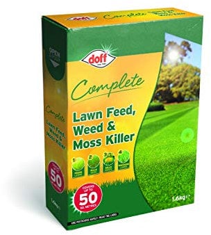 Doff Complete Lawn Feed, Weed & Moss Killer – 1.6kg Triple-Action Lawn Feed Treatment for Gardens – Condition & Thicken Lawns, Control Weeds & Moss, Promotes Greener Grass Year-Round