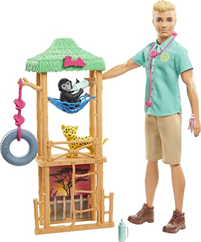 Barbie GJM33 - Ken Wildtierarzt-Puppe mit Spielset, Pflegestation, Gepardenbaby, Äffchen sowie Zubehör für Tierpflege, Spielzeug Geschenk für Kinder ab 3 Jahren