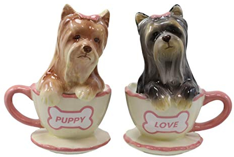 Ebros Ceramic Black And Tan Yorkshire Terriers Yorkie Pet Dogs In Teacups Salt And Pepper Shakers Set Puppy Love Figurines Party Kitchen Tabletop Collectible Decorative Accents