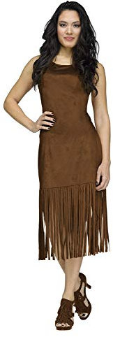 shoperama Damen Basic Fransen Kleid Braun Indianerin Cowgirl Hippie Western 60er 70er Jahre, Größe:S/M