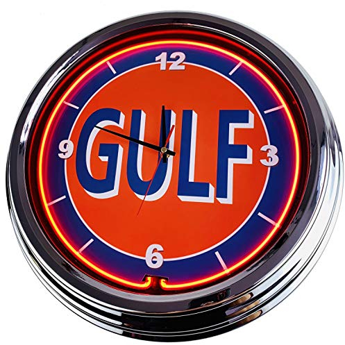 US-Way.de Gulf Letter – 44 cm Durchmesser, Deko-Wanduhr ohne Tickgeräusche und gut lesbares Display, USA 50er-Jahre-Stil Neon-Uhr für Küche, Büro (Orange)