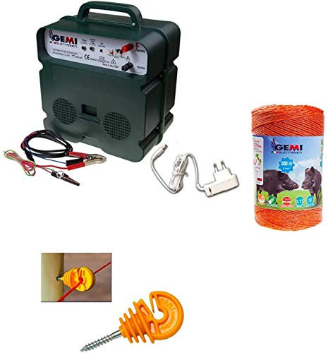 Recinto Elettrico Kit per Uso Professionale 1 Elettrificatore a Doppia Alimentazione 12V / 220V + 1 Filo 500 MT 6 Mm² + 100 Pezzi isolatori per paletti in Legno - Recinzione Elettrica per Animali