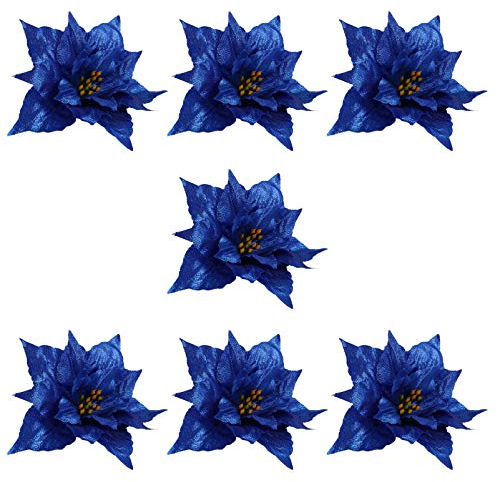 7Pcs Weihnachtsglitter Weihnachtsstern Blumen Künstliche Weihnachtsblumen für Weihnachten Neujahr Hochzeitsfeier Blumendekorationen Blau