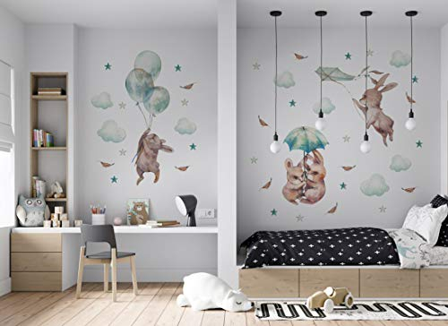 Wandtattoo Hasen I Wolken Luftballon Sterne Drachen Schirm Kinderbilder Junge Kinderzimmer Mädchen Aufkleber Osomhome os2406 (146x123cm)