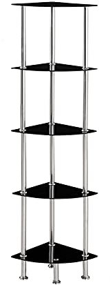 Modernique Glass Shelf Tier Storage Unit, Corner in Black or Clear Glass with Chrome Stand, Shelving Unit (Black, Tier 5)