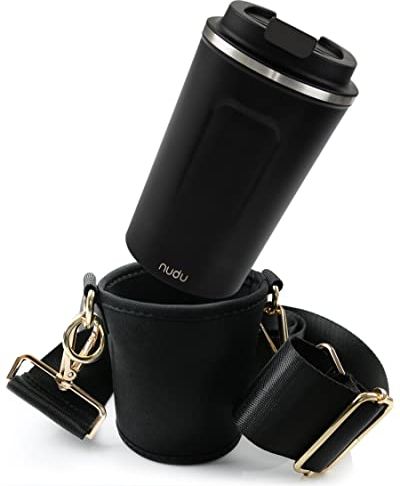 nudu - Set porte-gobelet et gobelet isotherme à porter autour du cou - Porte-gobelet en néoprène avec bandoulière réglable - en noir - doré