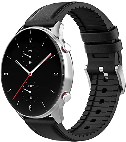 MoKo Bracelet Compatible avec Amazfit Balance/Bip 5/GTR 2/2e/3/3 Pro/4/GTR 47mm/Cheetah Round/Pro/Stratos 2/3, 22mm Bracelet de Remplacement en Cuir Hybride et Silicone pour Hommes Femmes, Noir