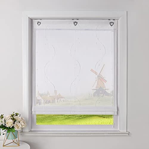 CORLIF Raffrollo Landhaus Raffgardine Küche Modern Ösenrollo Leinenoptik mit Wellenmuster Transparente Rollos Kurz Fenster Schal mit Ösen B/H 80/140 cm Weiß