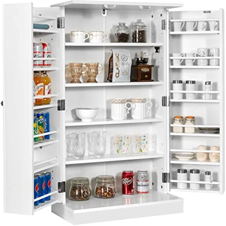 COSTWAY Kitchen Cupboard, Buffet Pantry Cabinet with Countertop, Doors, 17 Shelves & Guardrail, Space-saving Storage Organizer for Dining Living Room (White, 59x30x104cm)