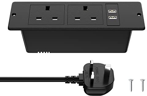 Recessed Power Strip with USB, Recessed Power Outlet with 2 USB, Desk Power Socket with 2 Outlets 2 Screws, Hidden in Furniture Desk Table, 1.8M/6FT Cable, Black