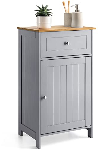 CHRISTOW Grey Bathroom Storage Cabinet with Bamboo Top, Free Standing Unit with Cupboard and Drawer (77cm x 43cm x 34cm)
