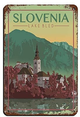 Oudrspo Vintage Travel Poster Slowenien Lake Bled Blechschild Vintage Metall Pub Club Cafe Bar Home Wandkunst Dekoration Poster Retro 20,3 x 30,5 cm