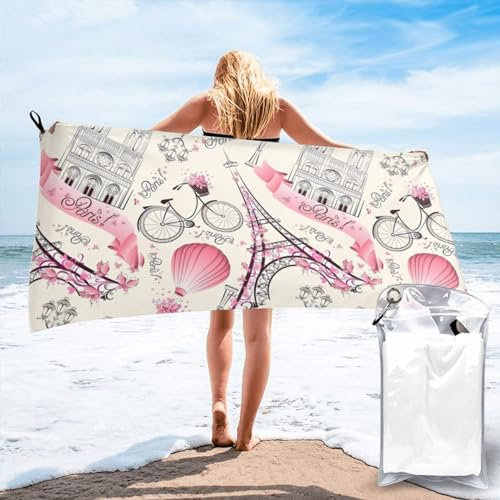 AvImYa Schnell trocknendes Handtuch, super saugfähig, schnell trocknend, 70 x 140 cm, leicht, für Camping, Strand, Sport, romantisches Paris, Eiffelturm, Fahrrad