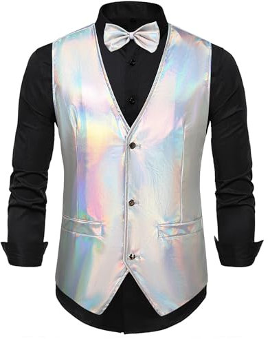 Panegy Herren Glitzer Weste Glänzende Pailletten Anzug mit Fliege Set V-Ausschnitt Anzugweste Festlich Kostüm Herstellergröße XL/DE Größe XL-A-Silber