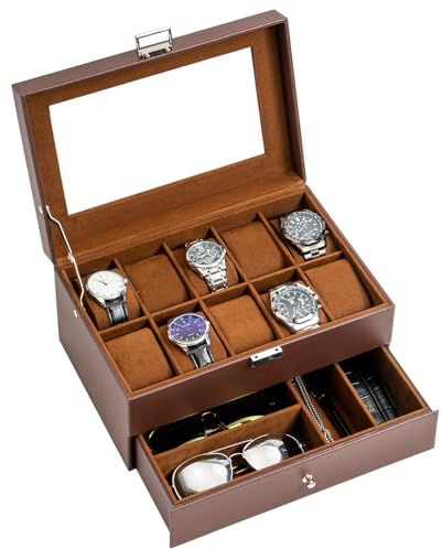 ProCase 2 Schichten Uhrenbox Schmuck Uhr Aufbewahrungsbox mit Glasdeckel, Uhrenkasten schmuckkästchen Uhrenkoffer 10 Fächer und 1 Schublade für Uhren Ringe Armbänder -Espresso