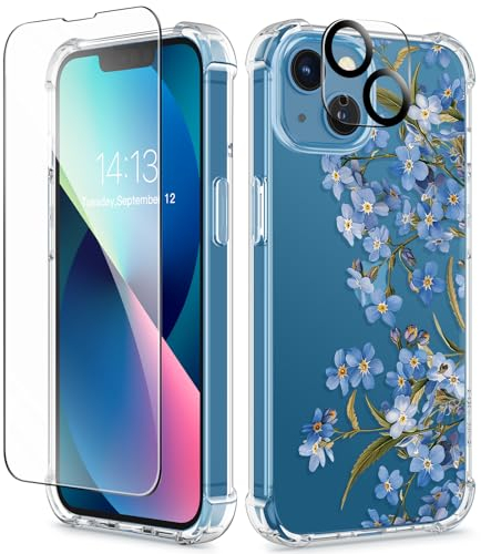GVIEWIN Kompatibel mit iPhone 13 Hülle 6,1 Zoll 2021, mit Schutzglas + Kamera Schutzglas, klares Blumen Frauen Dünne Weiche TPU Stoßfeste Schutzhülle Cover Handyhülle,Aconitum/Blau