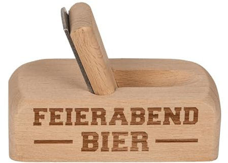 BUSDUGA 4458 Flaschenöffner Holzhobel mit Aufschrift, 8,5x4x6cm, Metall-Flaschenöffner mit Holzgriff, Bieröffner (Feierabendbier)