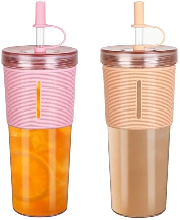 ZgoEC 710ml Becher mit Deckel und Strohhlam, 2 Stück Mehrweg Trinkbecher mit Strohhlam, Plastikbecher Tumbler Becher, Eiskaffee Becher Smoothie Becher für Trinken Zuhause Garten (Rosa+Orange)