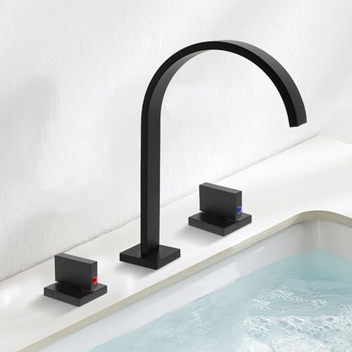 Robinet de Lavabo Large Salle de Bain Robinet de Lavabo Robinet Cascade à 2 Boutons Salle de Bain Mitigeur Cascade Mitigeur Froid et Chaud, Noir Convient aux Salles de Bains, Cuisines, Toilettes