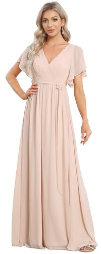 Ever-Pretty Robe pour Mariage Invité Longue Femme Col V Mousseline A Line Manches Courtes Plissé Chic Rose Nude 52