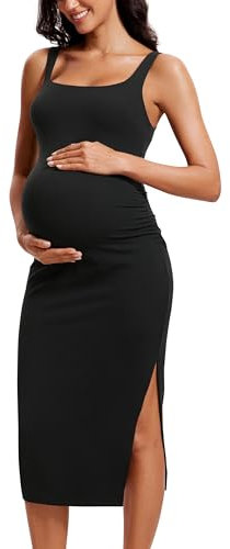 CRZ YOGA Women Butterluxe Maternity Dress Square Neck Sleeveless Ruched Split Hem Midi Bodycon Tank Dress Pregnancy Clothes Black 12