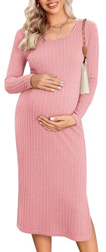 Ekouaer Abito Gravidanza Maniche Lunghe Donna Vestito Camicia da Notte Premaman Costume Gravidanza Autunno Inverno, Rosa, M
