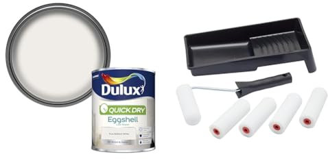 Dulux Quick Dry Eggshell Paint For Wood And Metal - Pure Brilliant White 750 ml & Fit For The Job 7 pc Foam Mini Paint Roller Set for Painting with Gloss & Satin