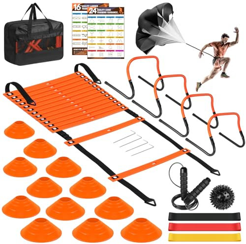 BORNEW Soccer Agility Speed Training Equipment, Football Practise Set with 20 ft Agility Ladder, 12 Cones, 4 Adjustable Hurdles, Jump Rope, Parachute, for Basketball, Football, Kids, Youth, Adults