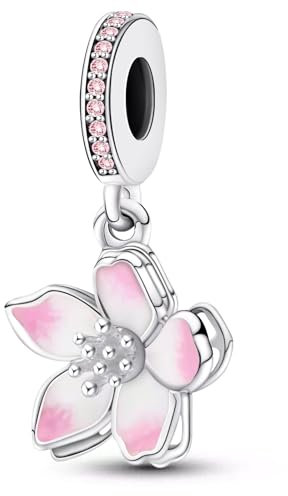 Sterling Silber S925 Kirschblüten Rosa Charms & Beads für Damen,Family,Blume Glühwürmchen Schildkröte Moments Flower Charm Anhänger für Armbänder,Sicherheitskette,Geschenk für Frauen Geburtstag